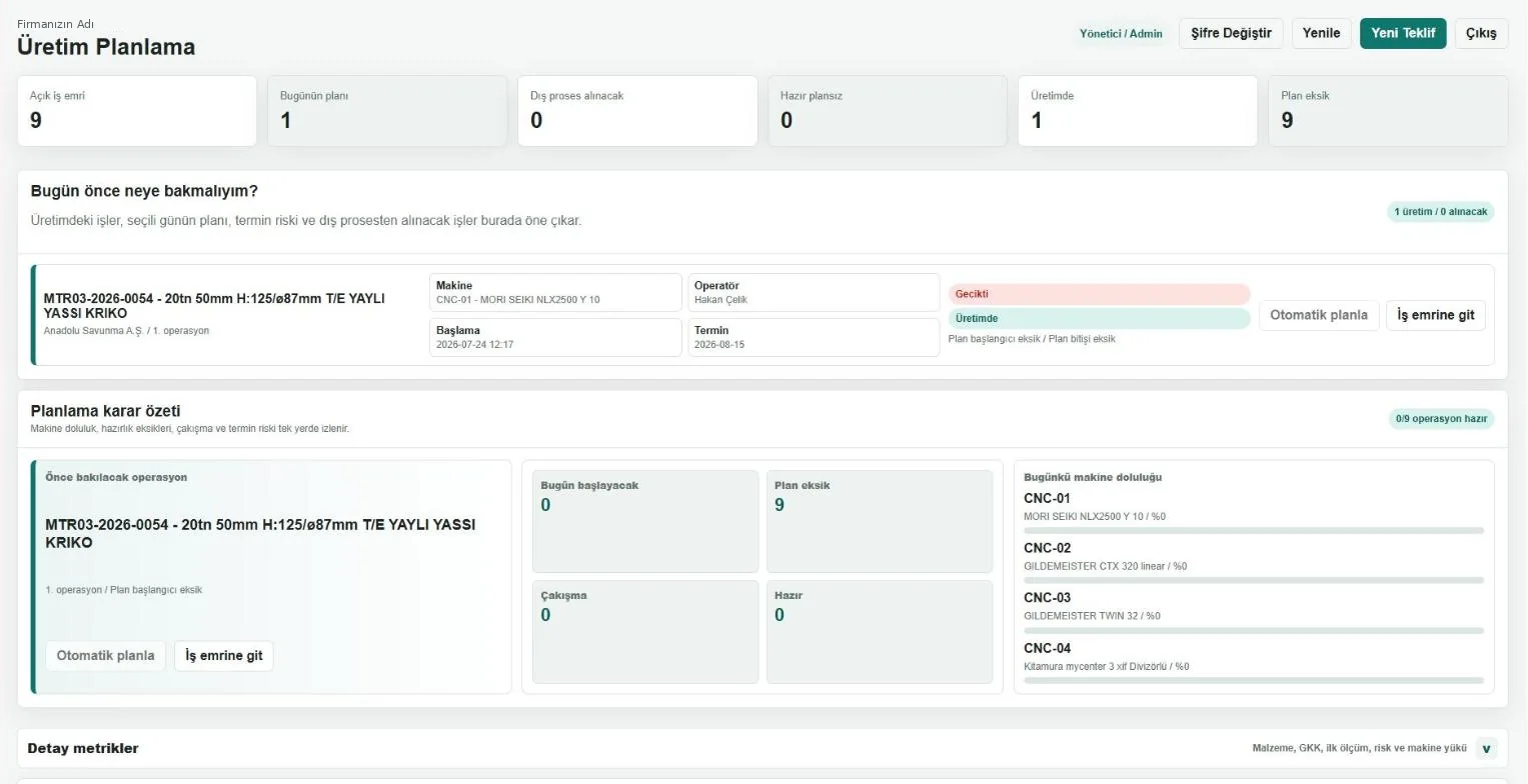 Metric Makina kurulumunda üretim planlama ekranı